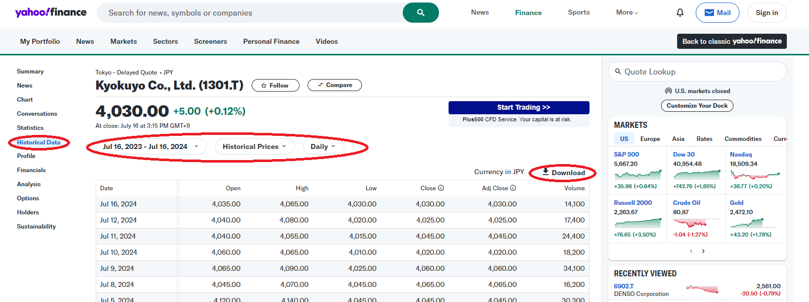 Yahoo data download